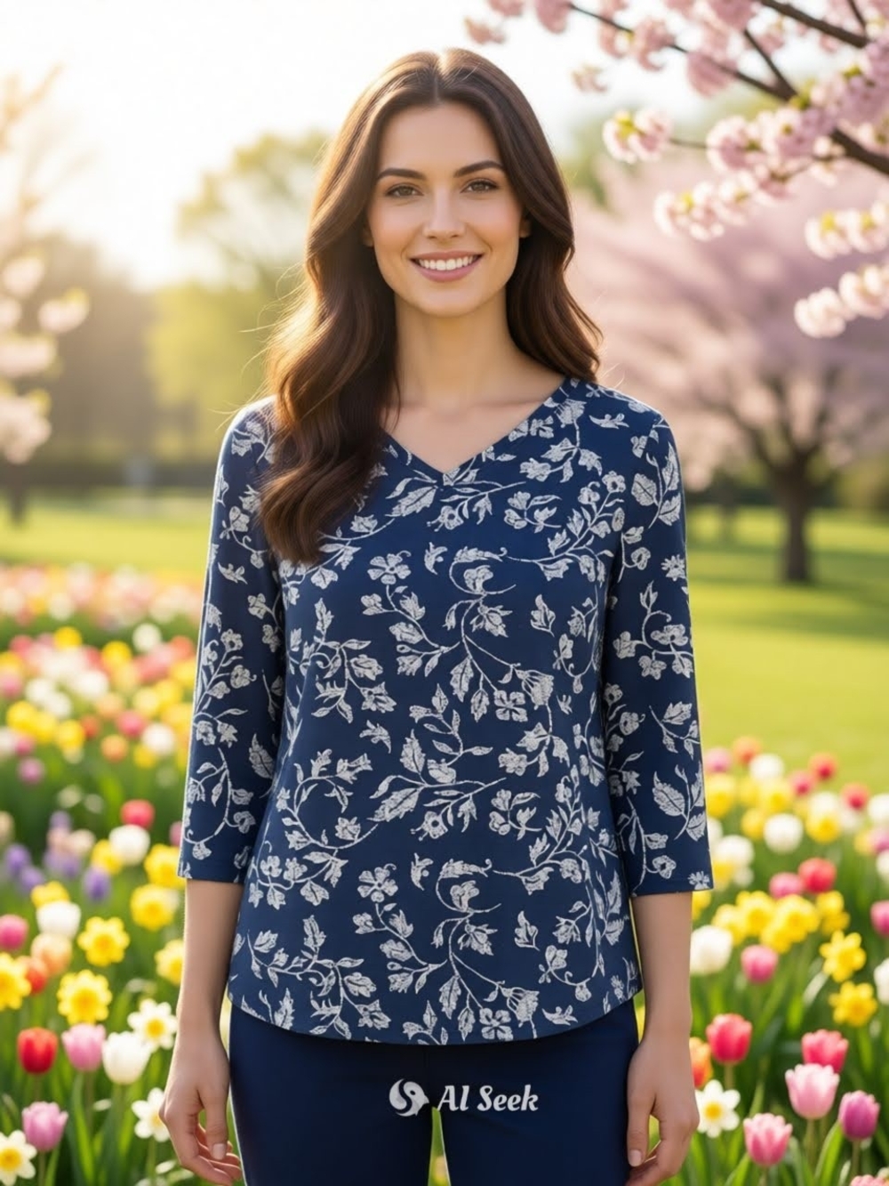 Denim & Co. Women's Navy Floral V-Neck 3/4 Sleeve Top-Size Medium